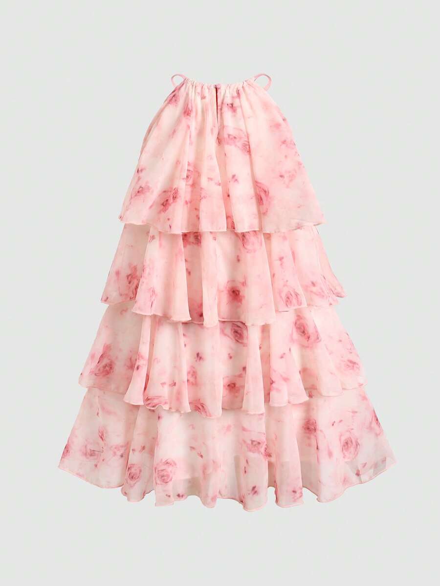 Apricot all-over floral print midi dress for tween girls featuring a sleeveless V-neckline, high waist, button details, and tiered A-line skirt.