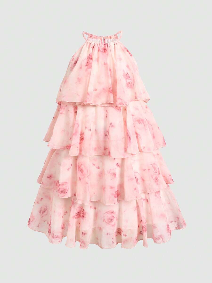 Apricot all-over floral print midi dress for tween girls featuring a sleeveless V-neckline, high waist, button details, and tiered A-line skirt.