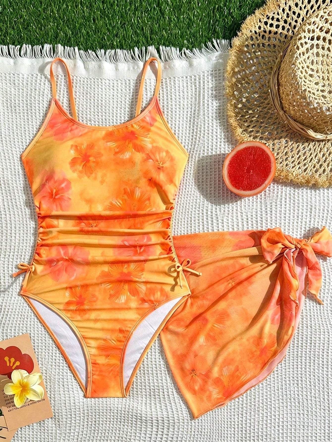 Tween Girls Blue White Vacation Ditsy Floral Side Bow Decor Casual One-Piece Swimwear With Cover-Up Skirt Starfish Beach Set Outfit Bathing Suit