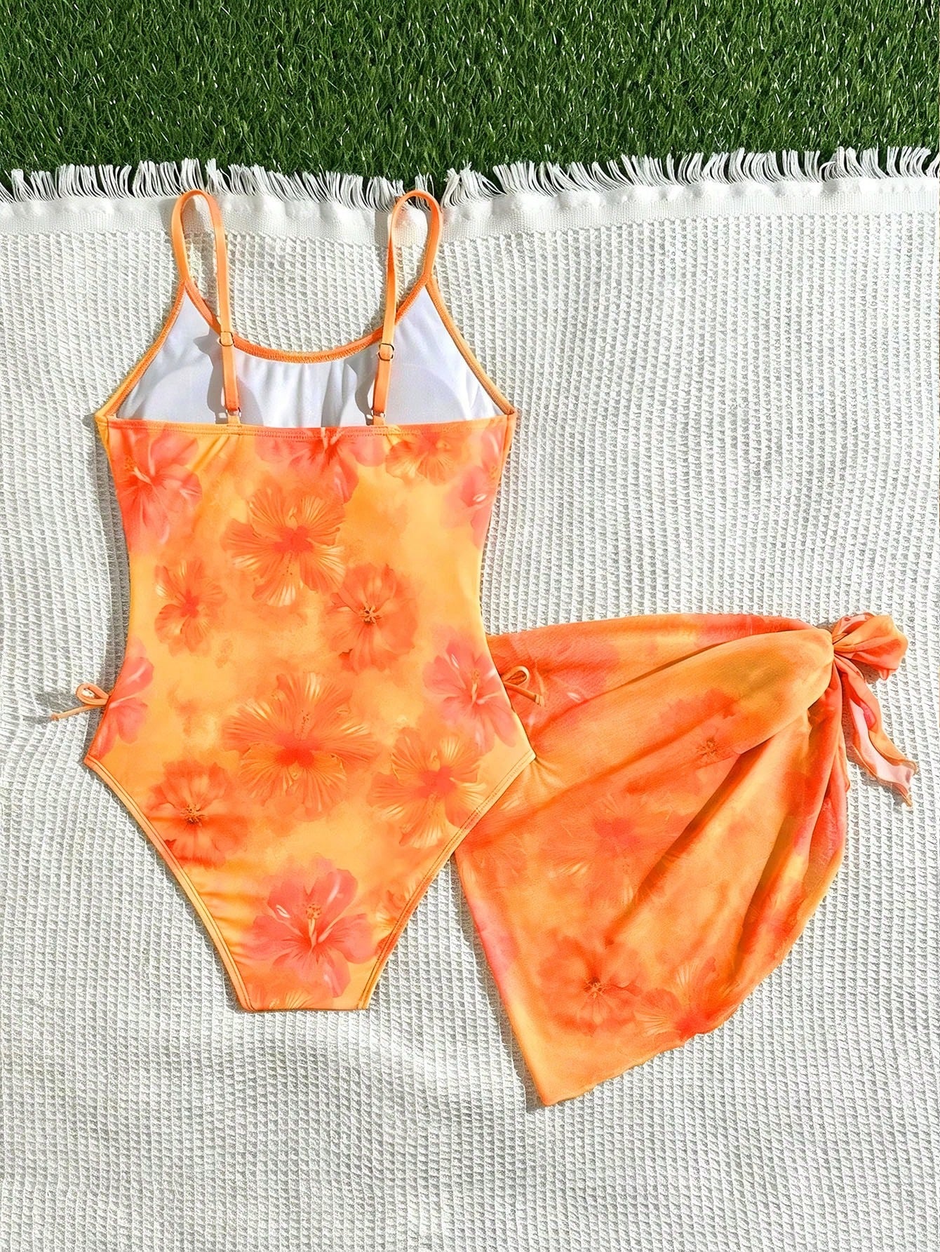 Tween Girls Blue White Vacation Ditsy Floral Side Bow Decor Casual One-Piece Swimwear With Cover-Up Skirt Starfish Beach Set Outfit Bathing Suit