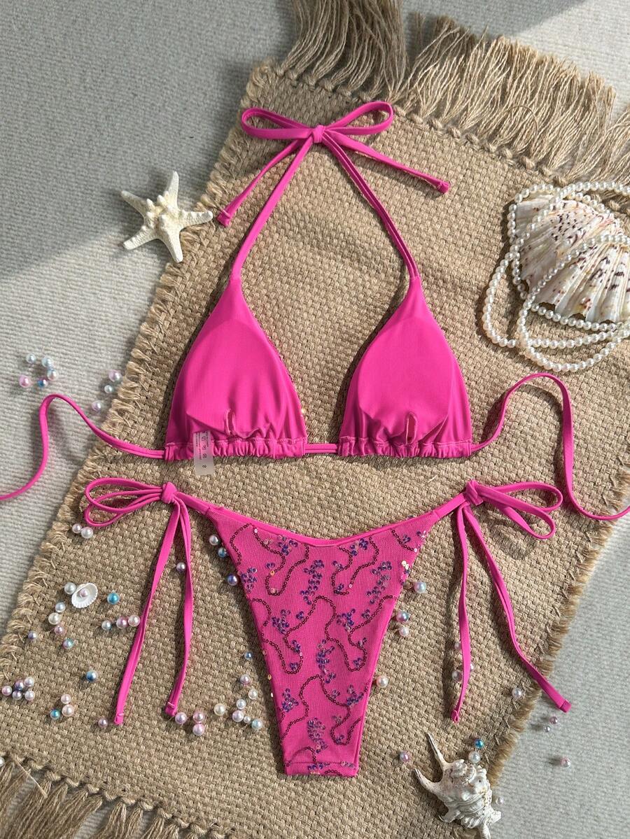 Women's sequin textured halter triangle bikini top and high-waist side tie bikini bottom swimsuit set
