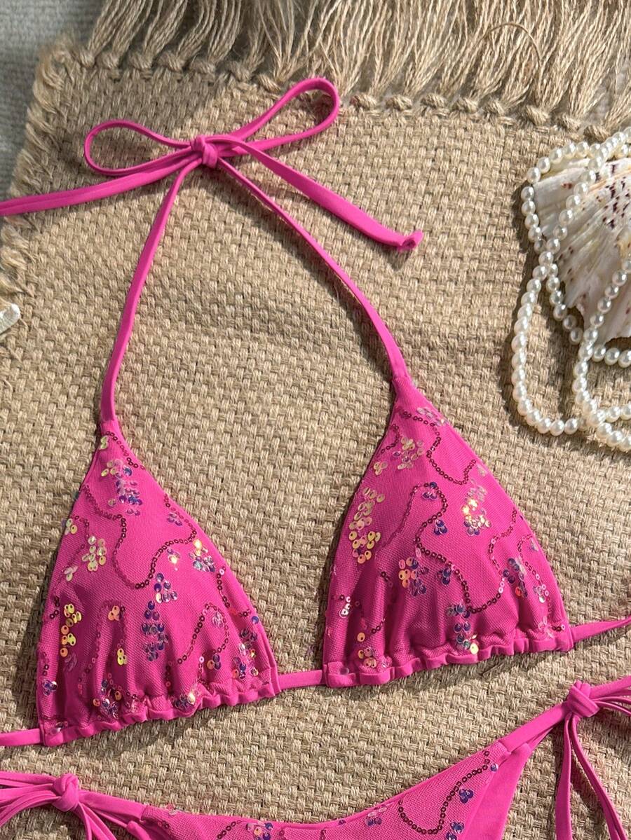 Women's sequin textured halter triangle bikini top and high-waist side tie bikini bottom swimsuit set