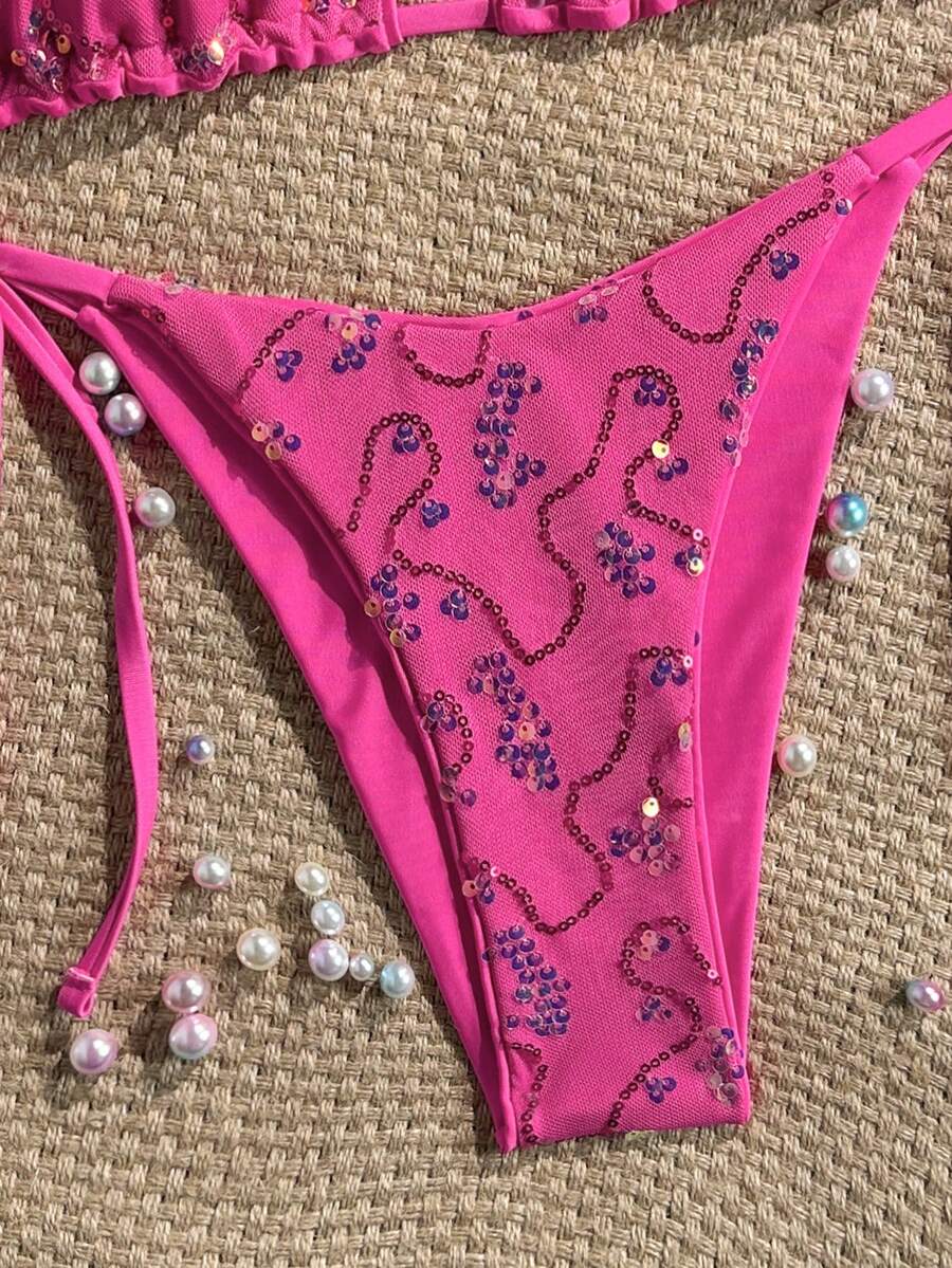 Women's sequin textured halter triangle bikini top and high-waist side tie bikini bottom swimsuit set