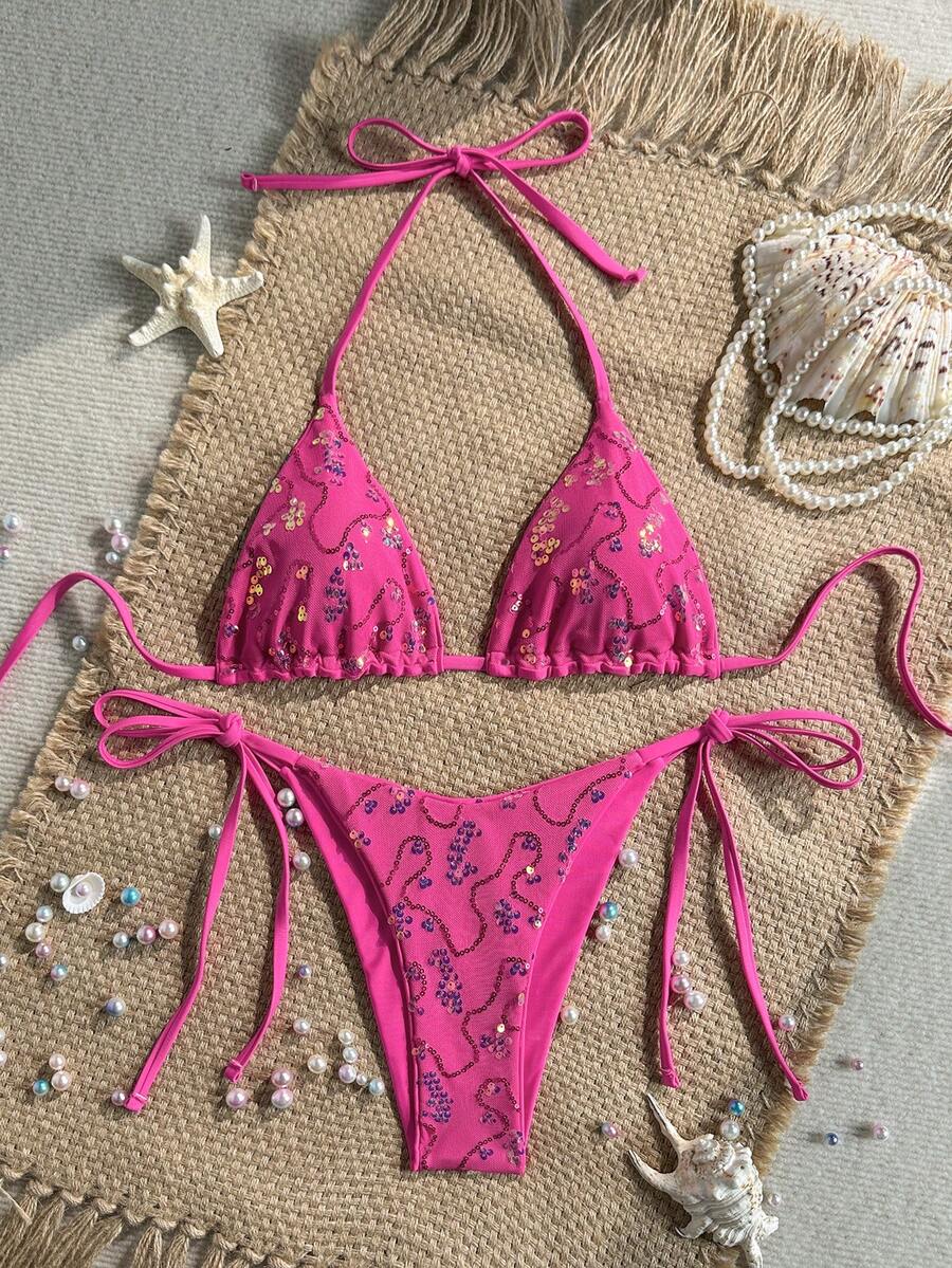 Women's sequin textured halter triangle bikini top and high-waist side tie bikini bottom swimsuit set
