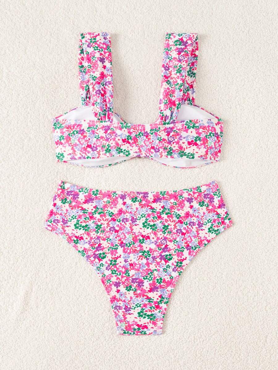 Springbreak black high waist bikini set for women featuring wireless bra top with ruffle lettuce trim and V-wired detail.