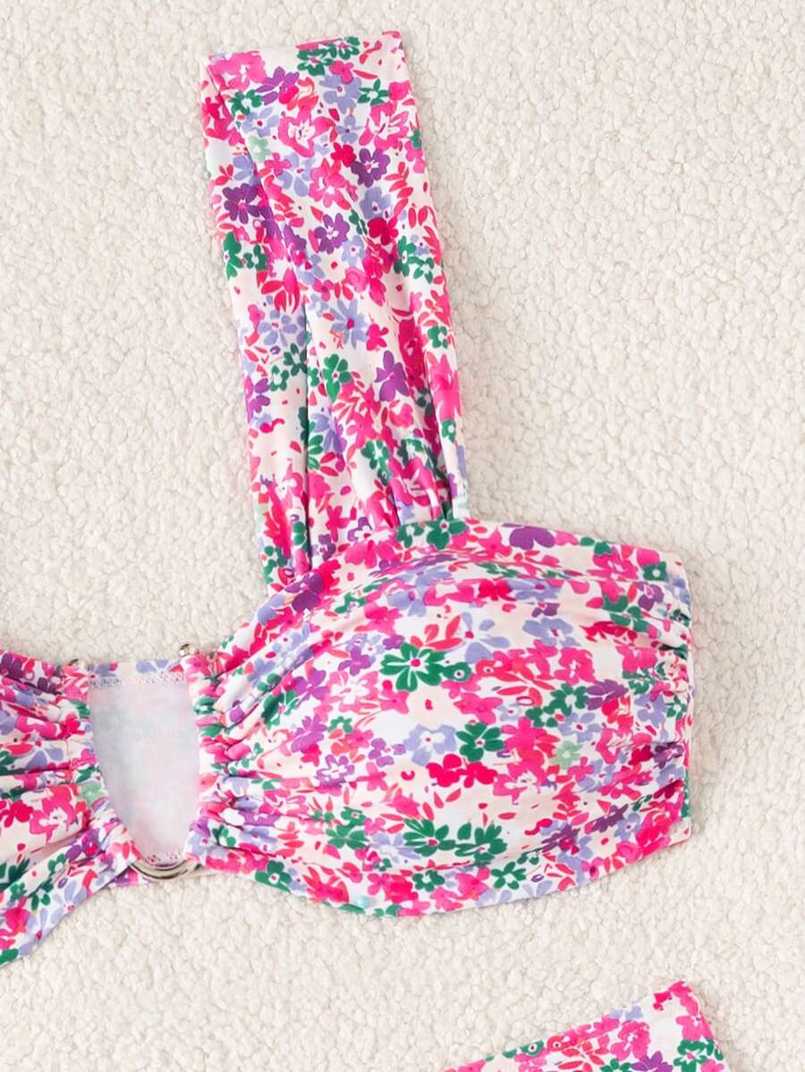Springbreak black high waist bikini set for women featuring wireless bra top with ruffle lettuce trim and V-wired detail.