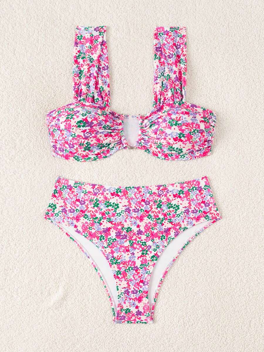 Springbreak black high waist bikini set for women featuring wireless bra top with ruffle lettuce trim and V-wired detail.