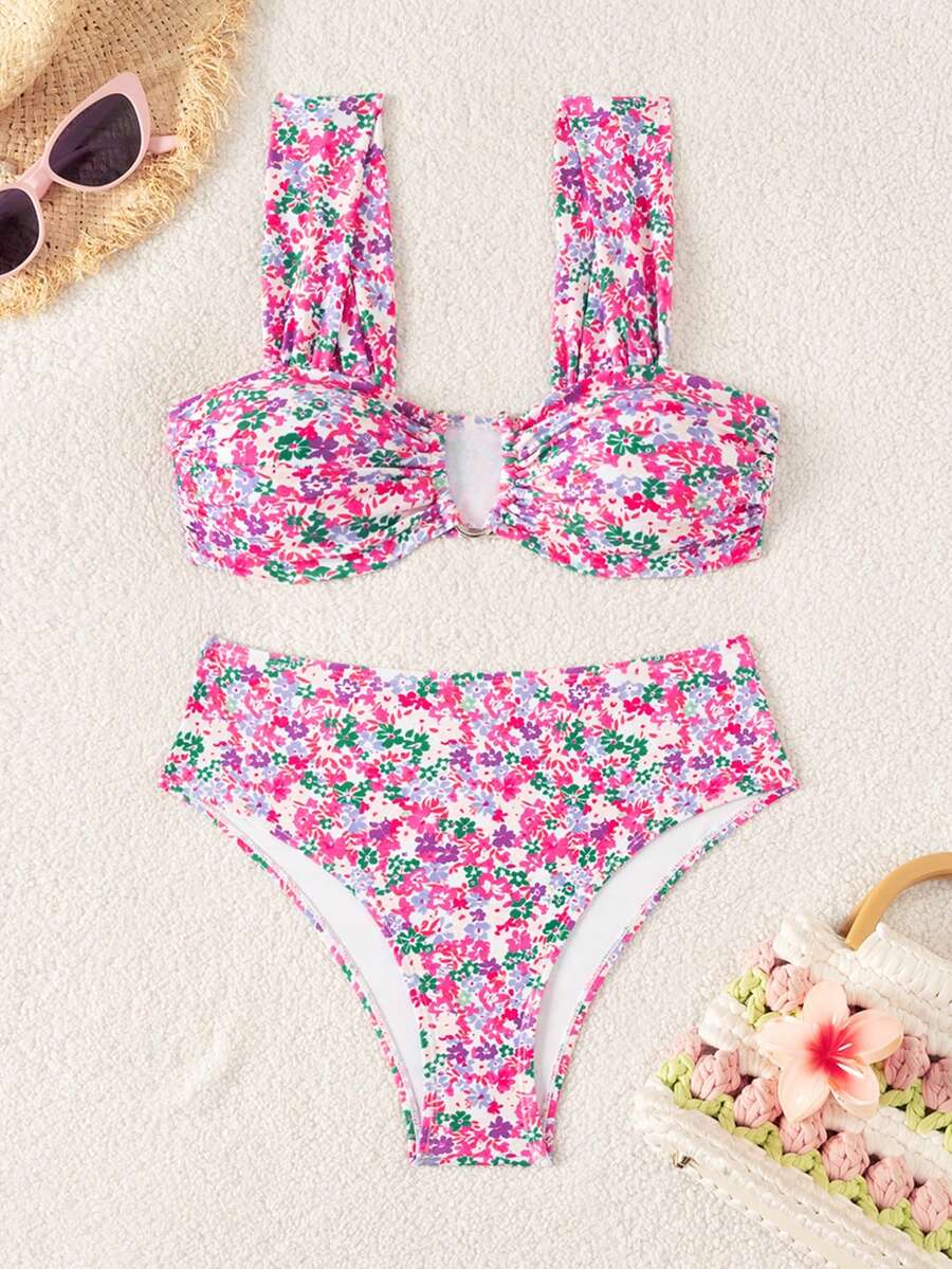 Springbreak black high waist bikini set for women featuring wireless bra top with ruffle lettuce trim and V-wired detail.