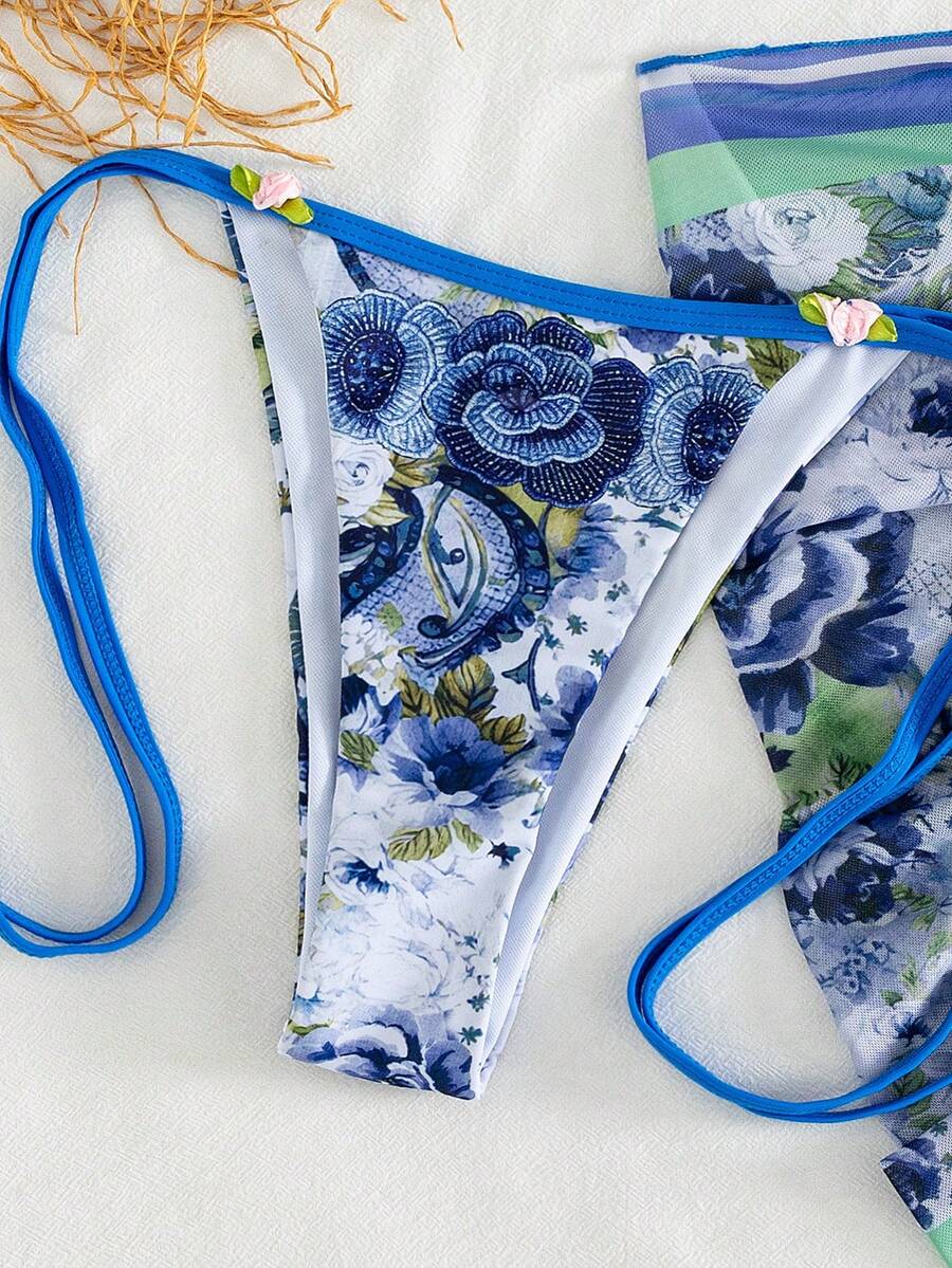Women's 3-piece pink floral print bikini set featuring a wireless halter top with removable padding and matching tie-side swim bottoms.