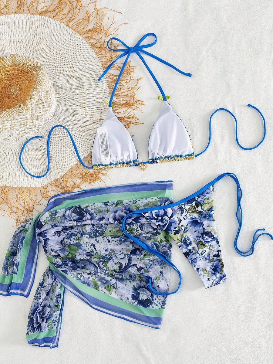 Women's 3-piece pink floral print bikini set featuring a wireless halter top with removable padding and matching tie-side swim bottoms.
