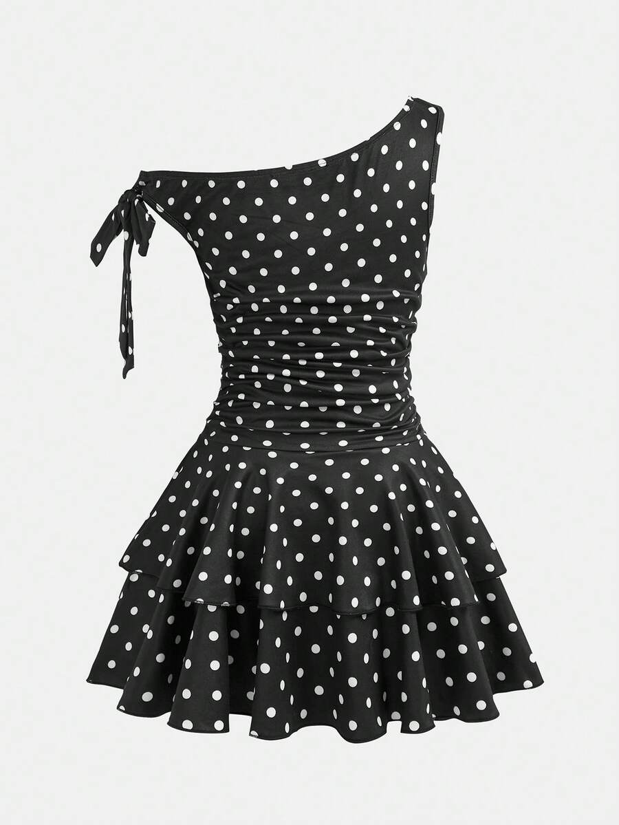 Tween girls sleeveless apricot A-line dress featuring an asymmetrical neck, contrast lace trim, and a flared hem.