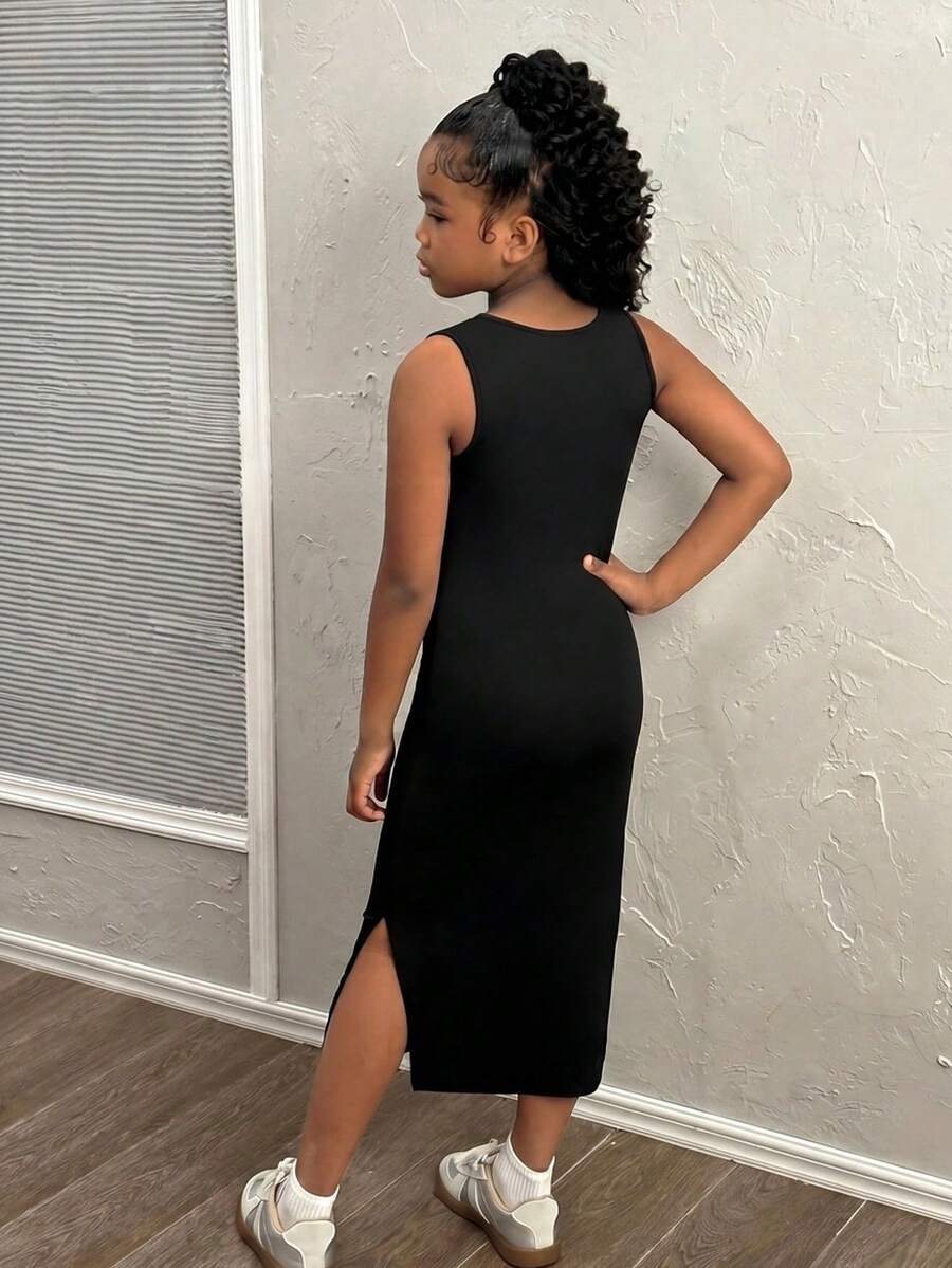 Tween girls sleeveless midi tank dress with round neck, graphic pattern, slim fit waist, slit hem, and apricot color styling for casual and occasion wear.