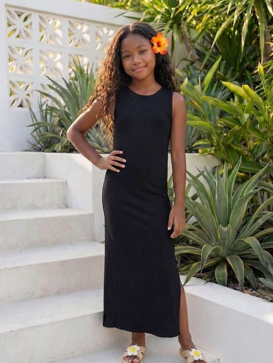 Tween girls sleeveless midi tank dress with round neck, graphic pattern, slim fit waist, slit hem, and apricot color styling for casual and occasion wear.