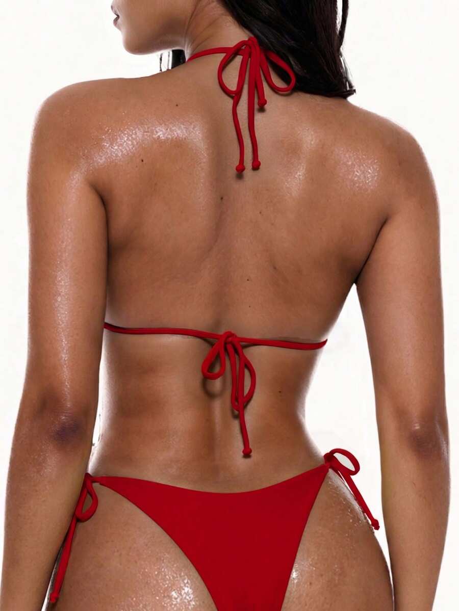 Apricot plain halter triangle bikini swimwear set with tie back top and low waist tie side thong bottom for women