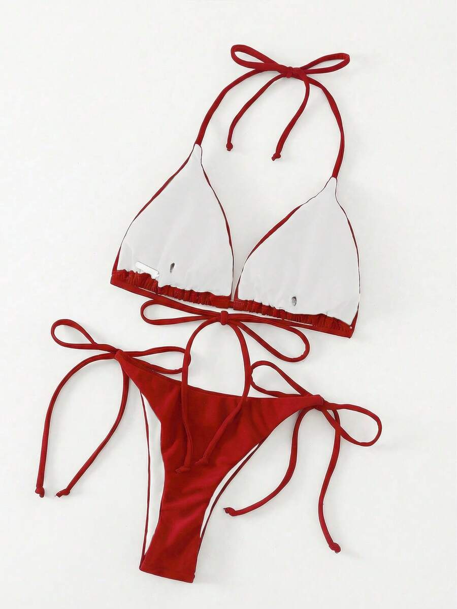Apricot plain halter triangle bikini swimwear set with tie back top and low waist tie side thong bottom for women