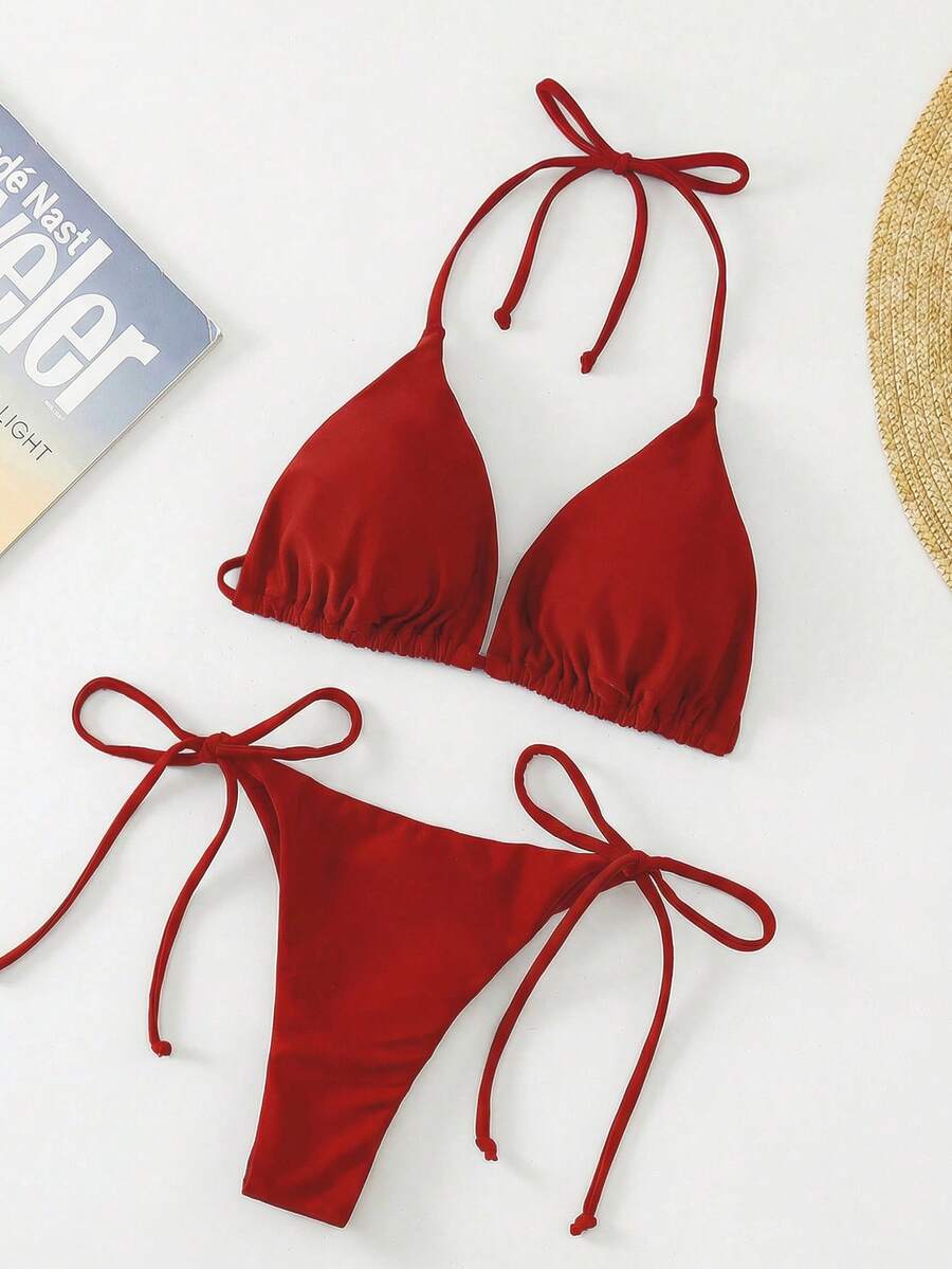 Apricot plain halter triangle bikini swimwear set with tie back top and low waist tie side thong bottom for women