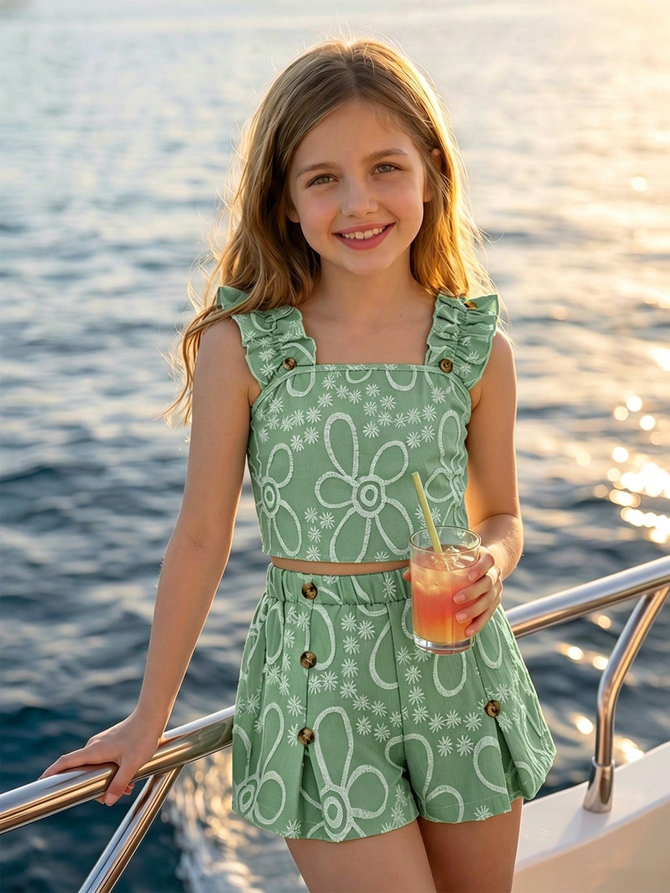 Apricot two-piece summer outfit for tween girls featuring a sleeveless pleated square-neck camisole top with button details and matching gathered shorts.