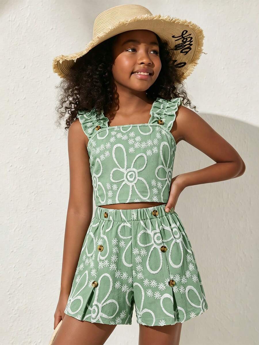 Apricot two-piece summer outfit for tween girls featuring a sleeveless pleated square-neck camisole top with button details and matching gathered shorts.
