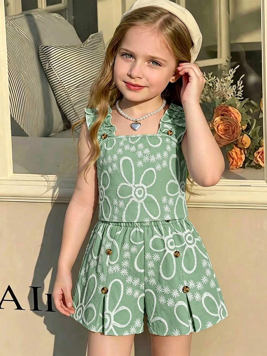 Apricot two-piece summer outfit for tween girls featuring a sleeveless pleated square-neck camisole top with button details and matching gathered shorts.