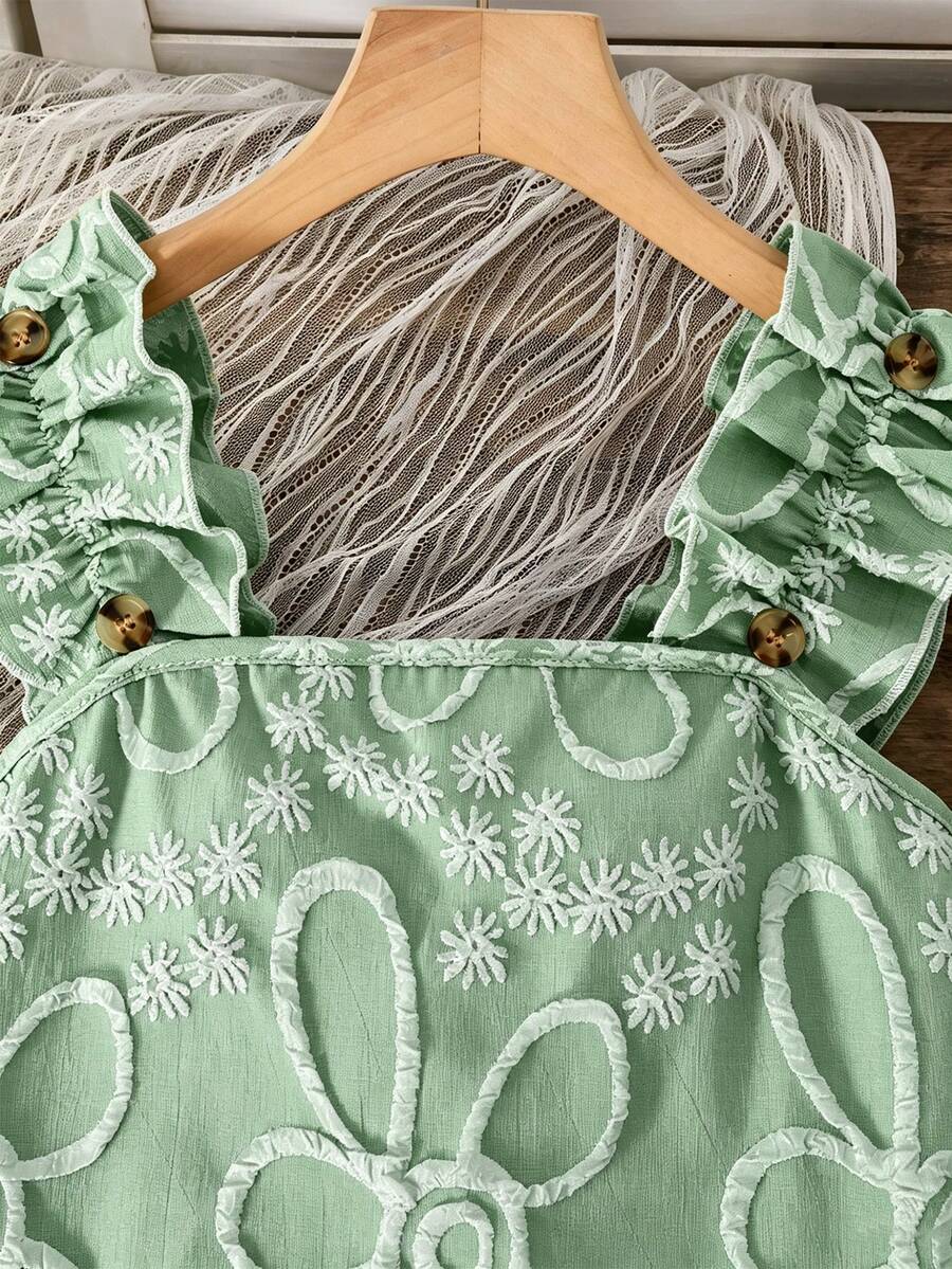 Apricot two-piece summer outfit for tween girls featuring a sleeveless pleated square-neck camisole top with button details and matching gathered shorts.