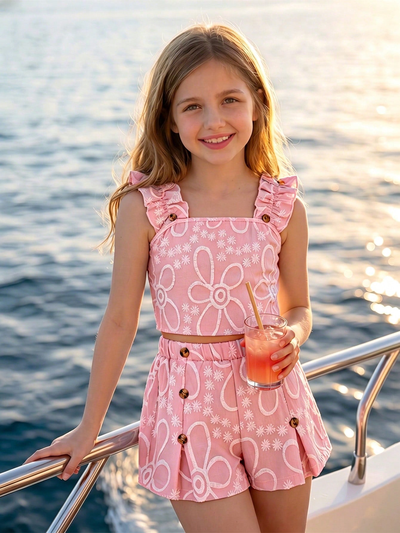 Apricot two-piece summer outfit for tween girls featuring a sleeveless pleated square-neck camisole top with button details and matching gathered shorts.