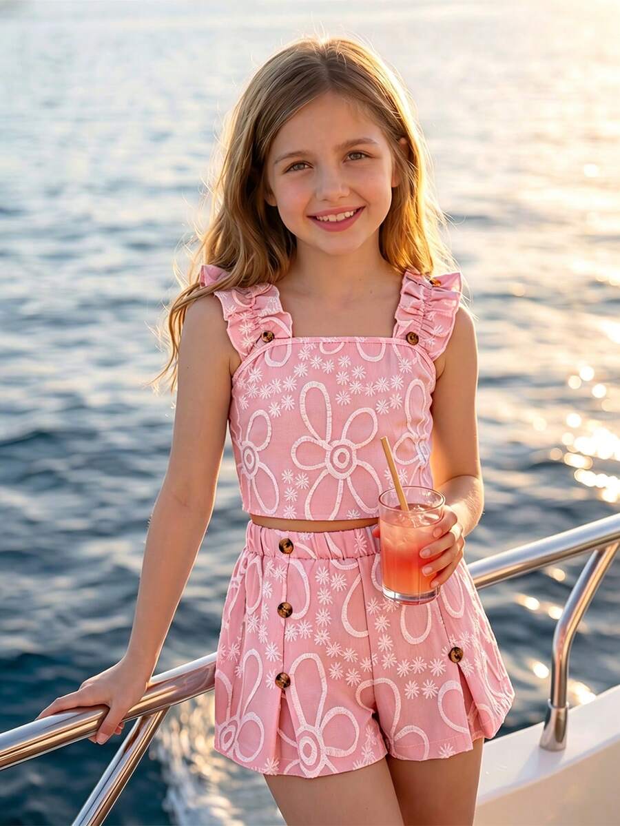 Apricot two-piece summer outfit for tween girls featuring a sleeveless pleated square-neck camisole top with button details and matching gathered shorts.