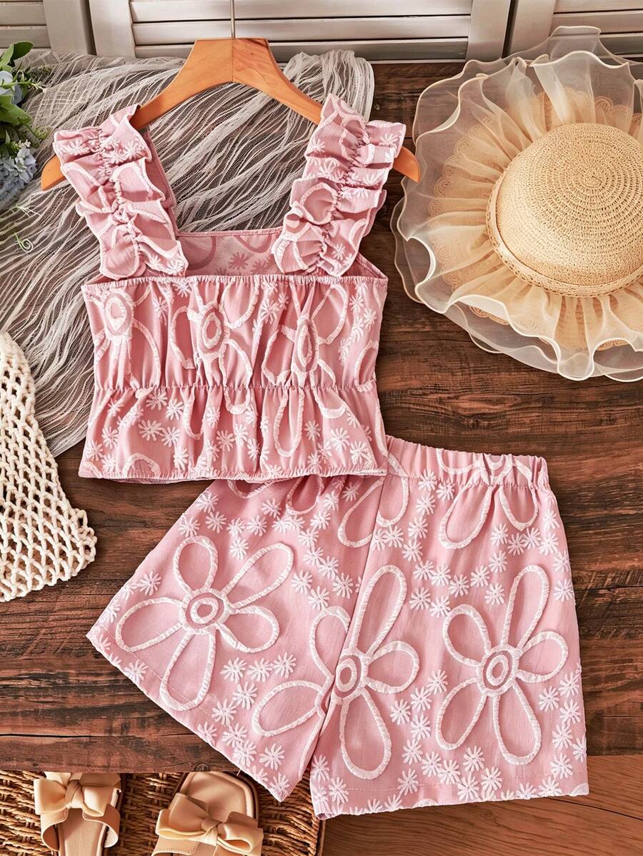 Apricot two-piece summer outfit for tween girls featuring a sleeveless pleated square-neck camisole top with button details and matching gathered shorts.