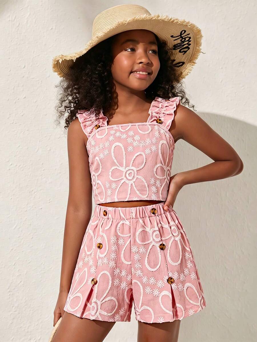 Apricot two-piece summer outfit for tween girls featuring a sleeveless pleated square-neck camisole top with button details and matching gathered shorts.