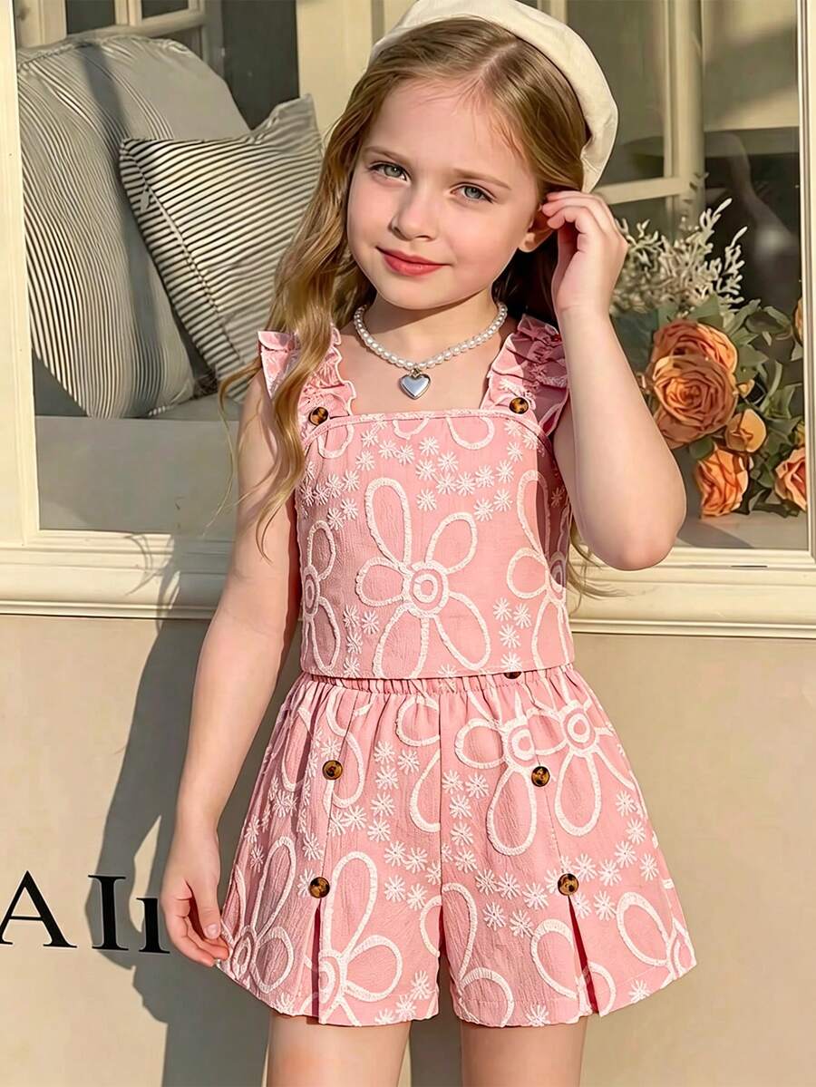 Apricot two-piece summer outfit for tween girls featuring a sleeveless pleated square-neck camisole top with button details and matching gathered shorts.