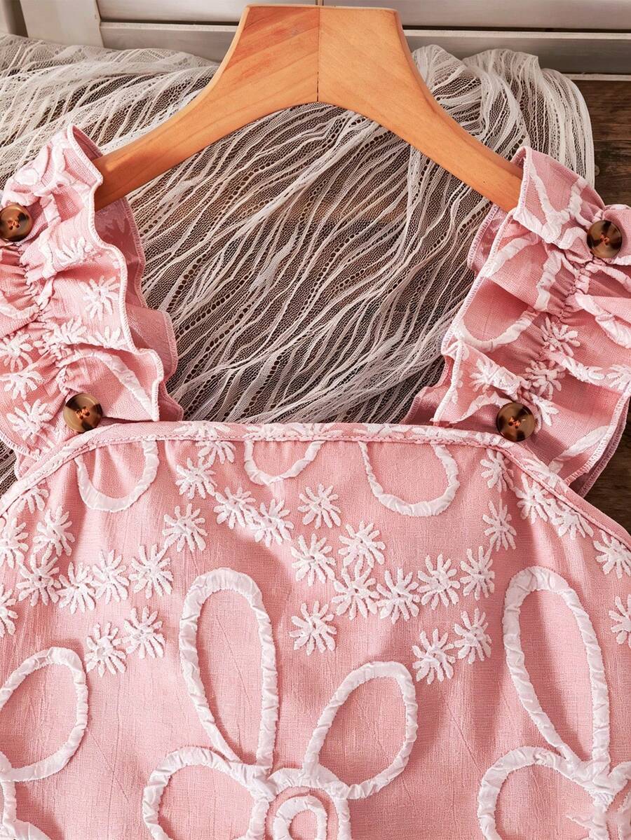 Apricot two-piece summer outfit for tween girls featuring a sleeveless pleated square-neck camisole top with button details and matching gathered shorts.