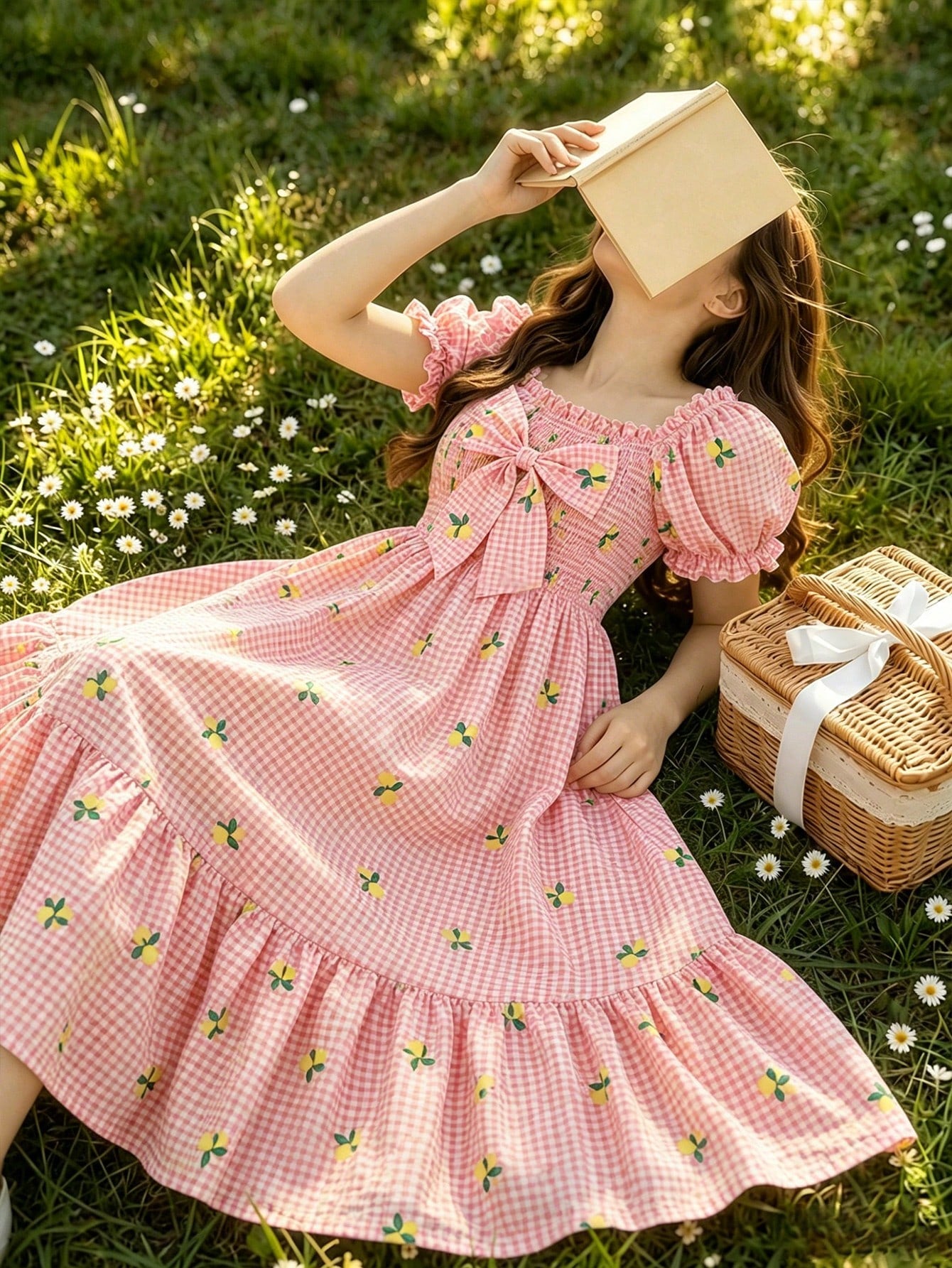 ChillGRL square neck short puff sleeve A-line long dress for teen girls featuring shirred high waist detailing and a flounce hem.