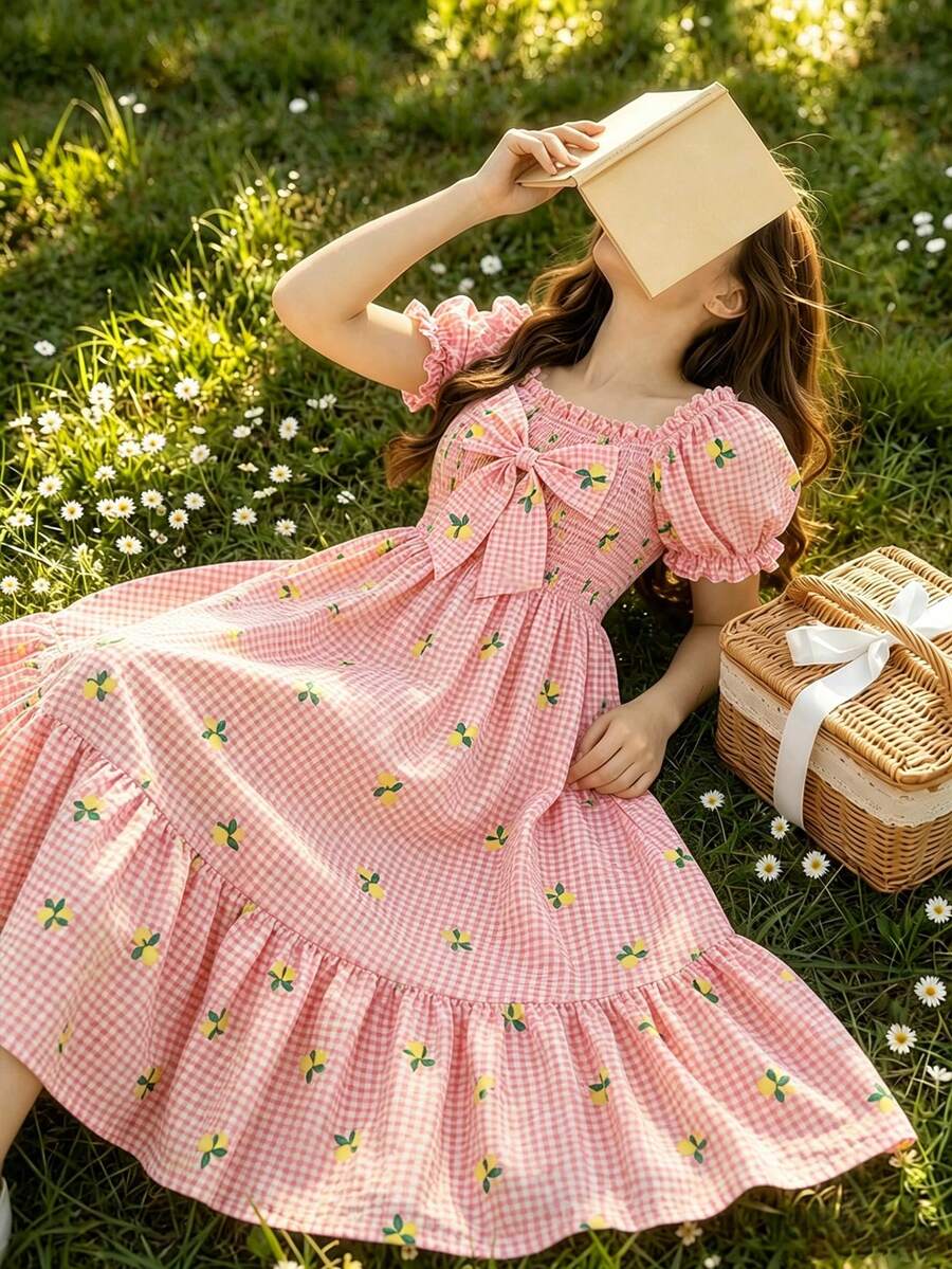 ChillGRL square neck short puff sleeve A-line long dress for teen girls featuring shirred high waist detailing and a flounce hem.