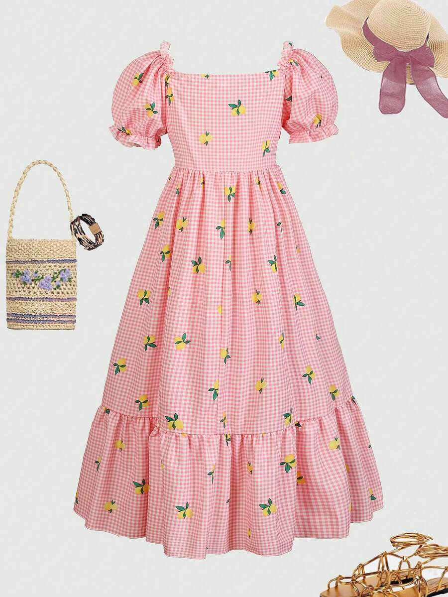 ChillGRL square neck short puff sleeve A-line long dress for teen girls featuring shirred high waist detailing and a flounce hem.