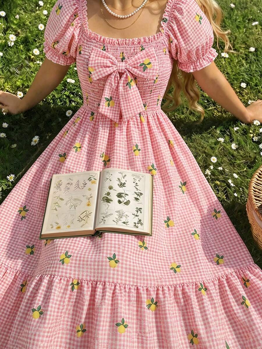 ChillGRL square neck short puff sleeve A-line long dress for teen girls featuring shirred high waist detailing and a flounce hem.
