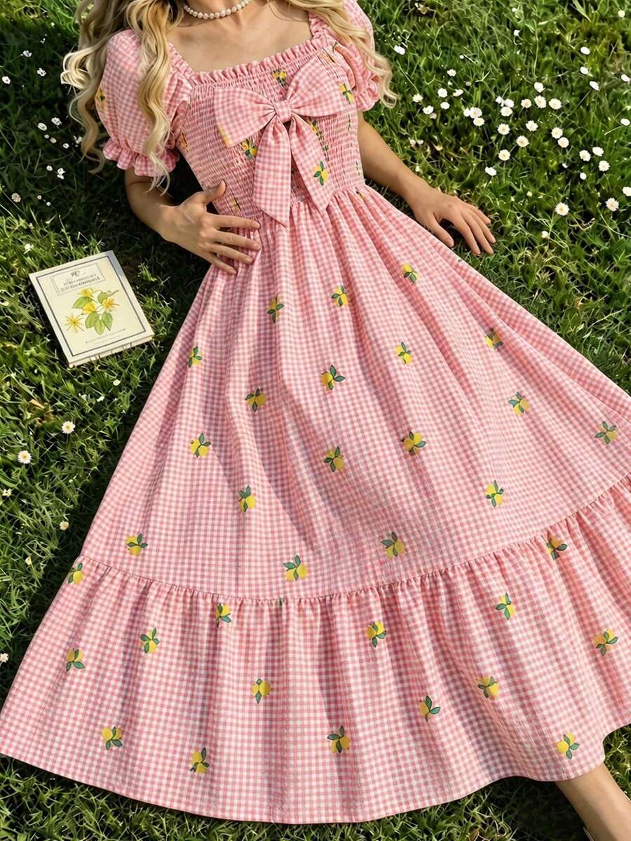 ChillGRL square neck short puff sleeve A-line long dress for teen girls featuring shirred high waist detailing and a flounce hem.