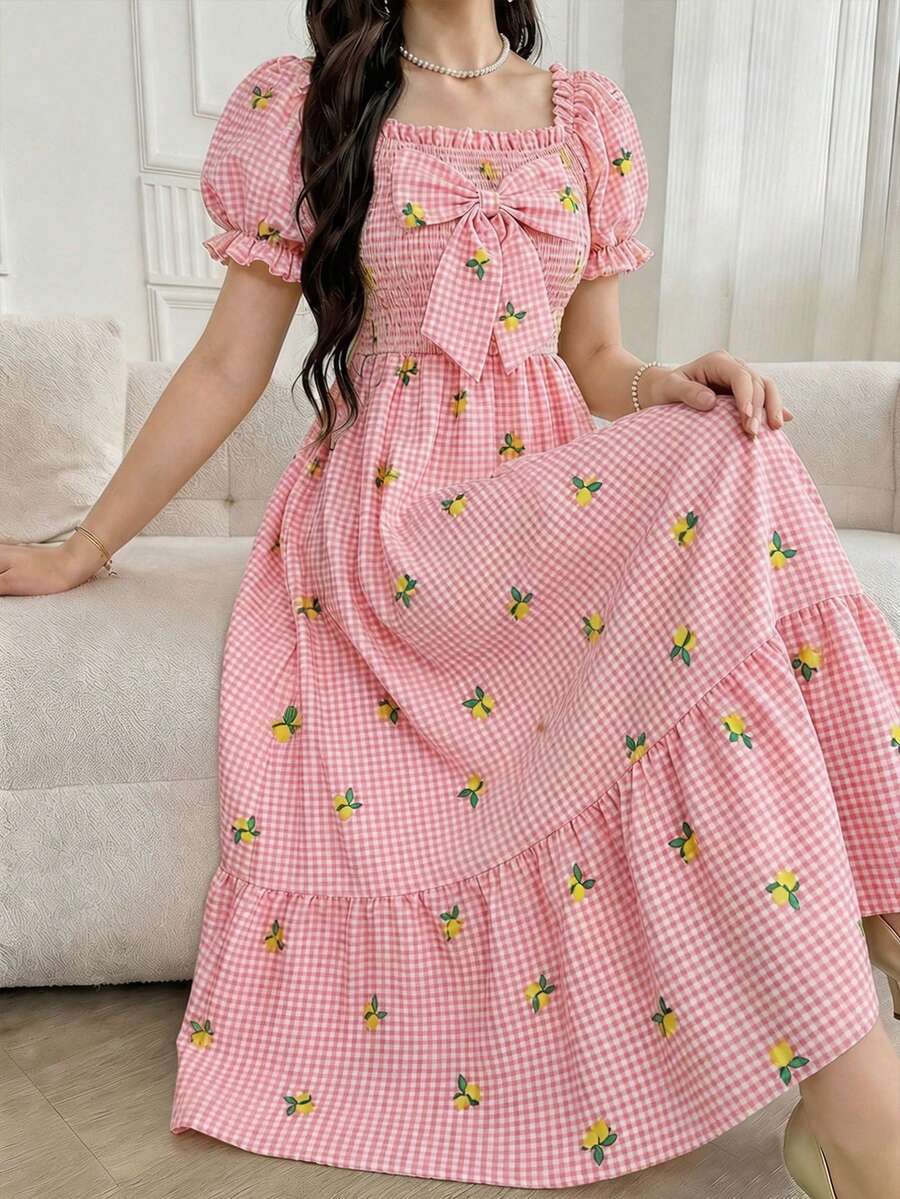 ChillGRL square neck short puff sleeve A-line long dress for teen girls featuring shirred high waist detailing and a flounce hem.