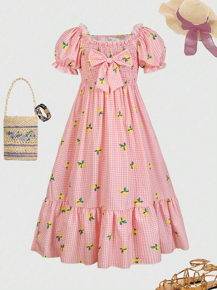 ChillGRL square neck short puff sleeve A-line long dress for teen girls featuring shirred high waist detailing and a flounce hem.