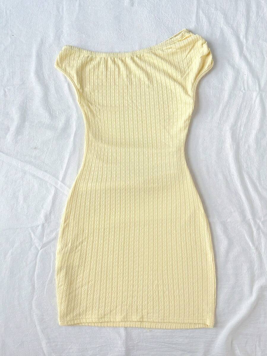 Yellow asymmetrical neck slim fit dress for tween girls with sleeveless design, plain textured knit fabric, natural waist, and pencil hem