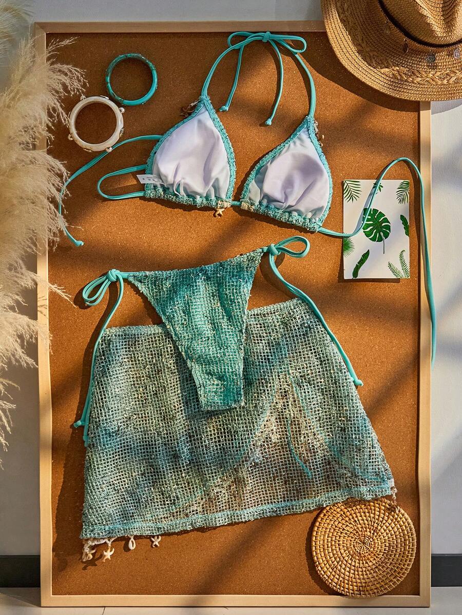 Women's boho halter bikini set featuring a backless lace-up top with wireless 3/4 cups and matching mid-waist bikini bottoms.