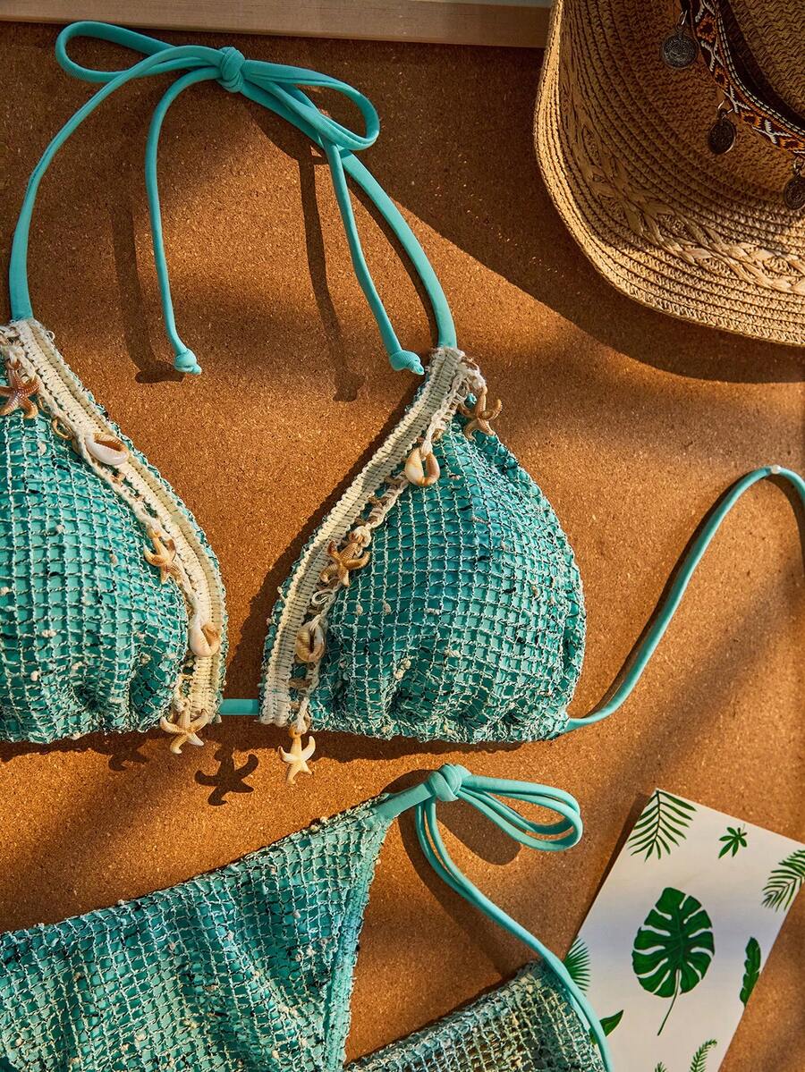 Women's boho halter bikini set featuring a backless lace-up top with wireless 3/4 cups and matching mid-waist bikini bottoms.