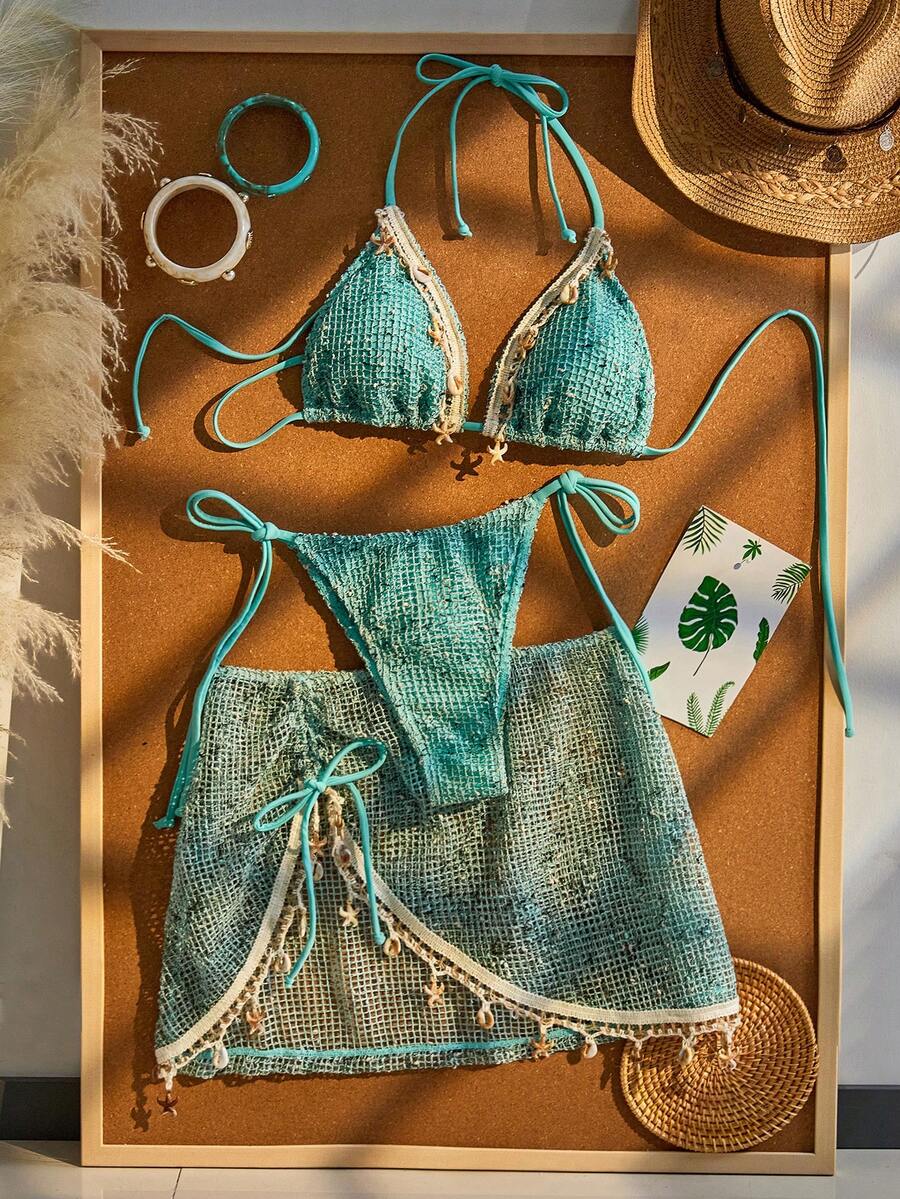 Women's boho halter bikini set featuring a backless lace-up top with wireless 3/4 cups and matching mid-waist bikini bottoms.