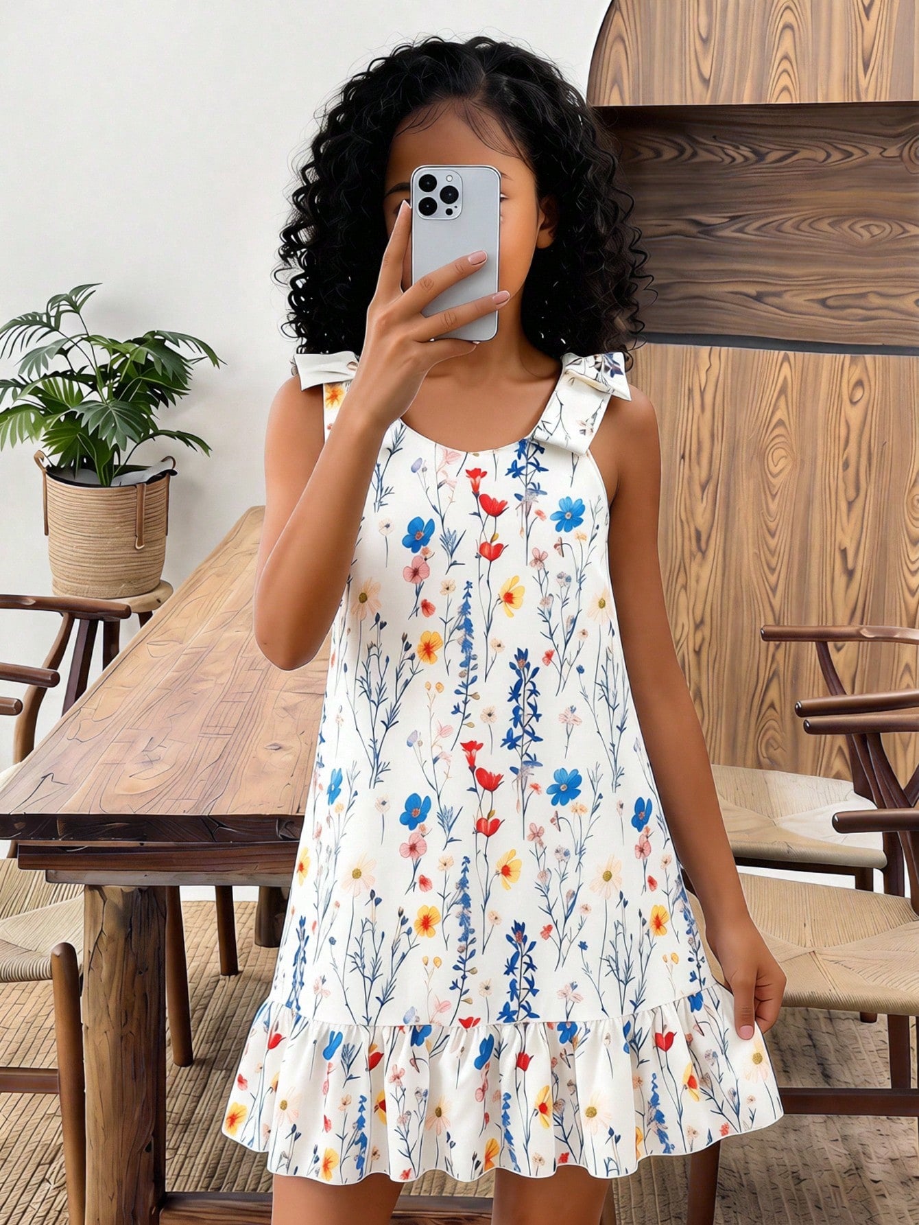 Tween girls apricot vacation midi dress featuring a round neck, cut out details, ruffle flounce accents, and geometric pattern.