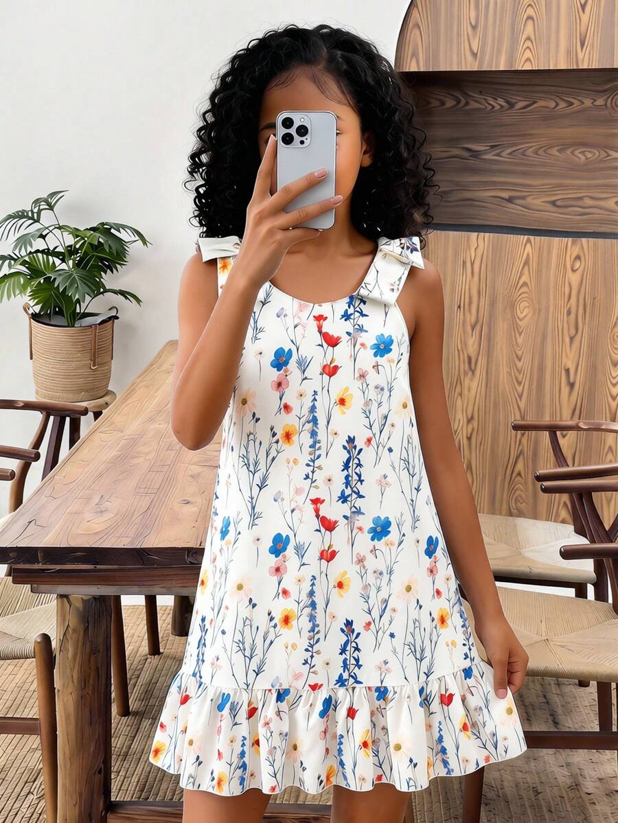 Tween girls apricot vacation midi dress featuring a round neck, cut out details, ruffle flounce accents, and geometric pattern.