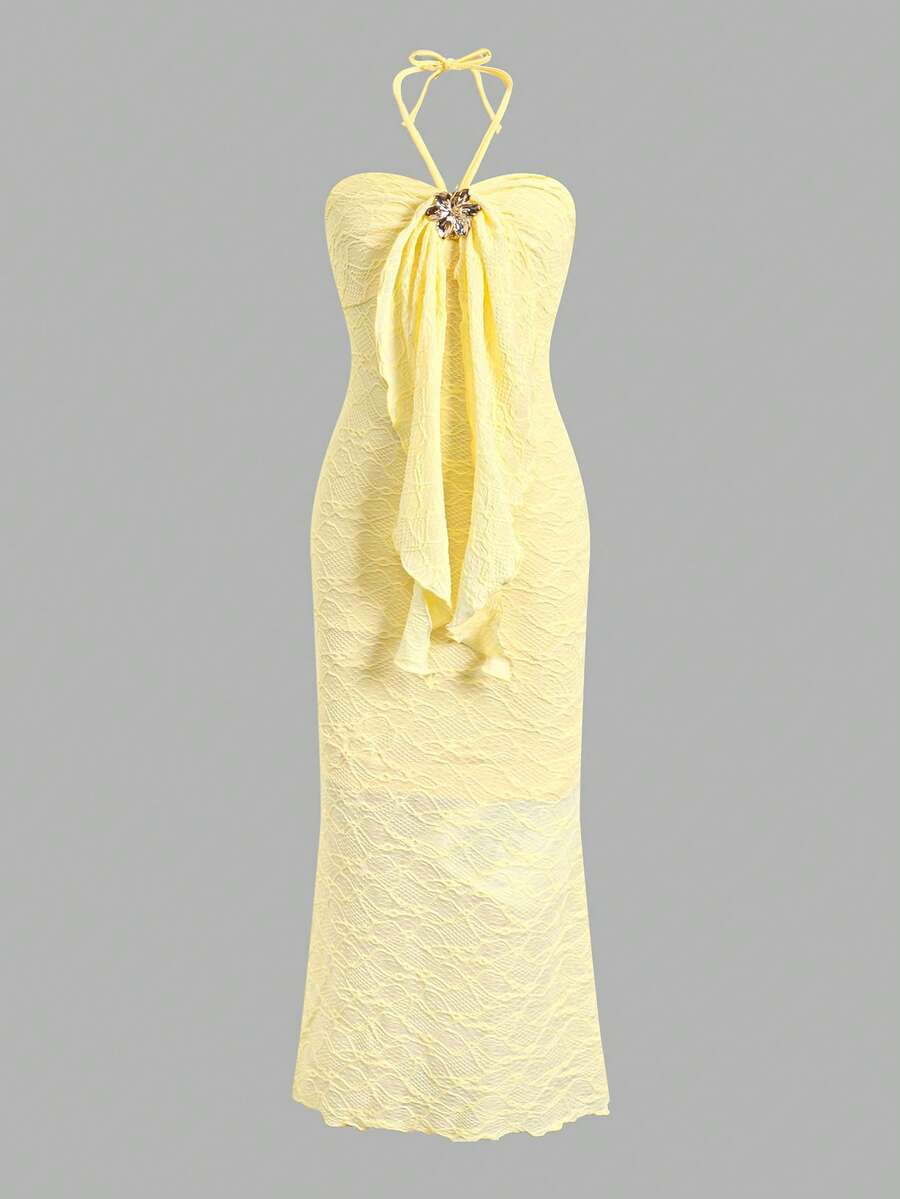 Tween girl yellow long halter dress with textured jacquard knit, sleeveless slim fit cami design, natural waist, straight hem, and lined non-sheer finish for vacation or party wear.