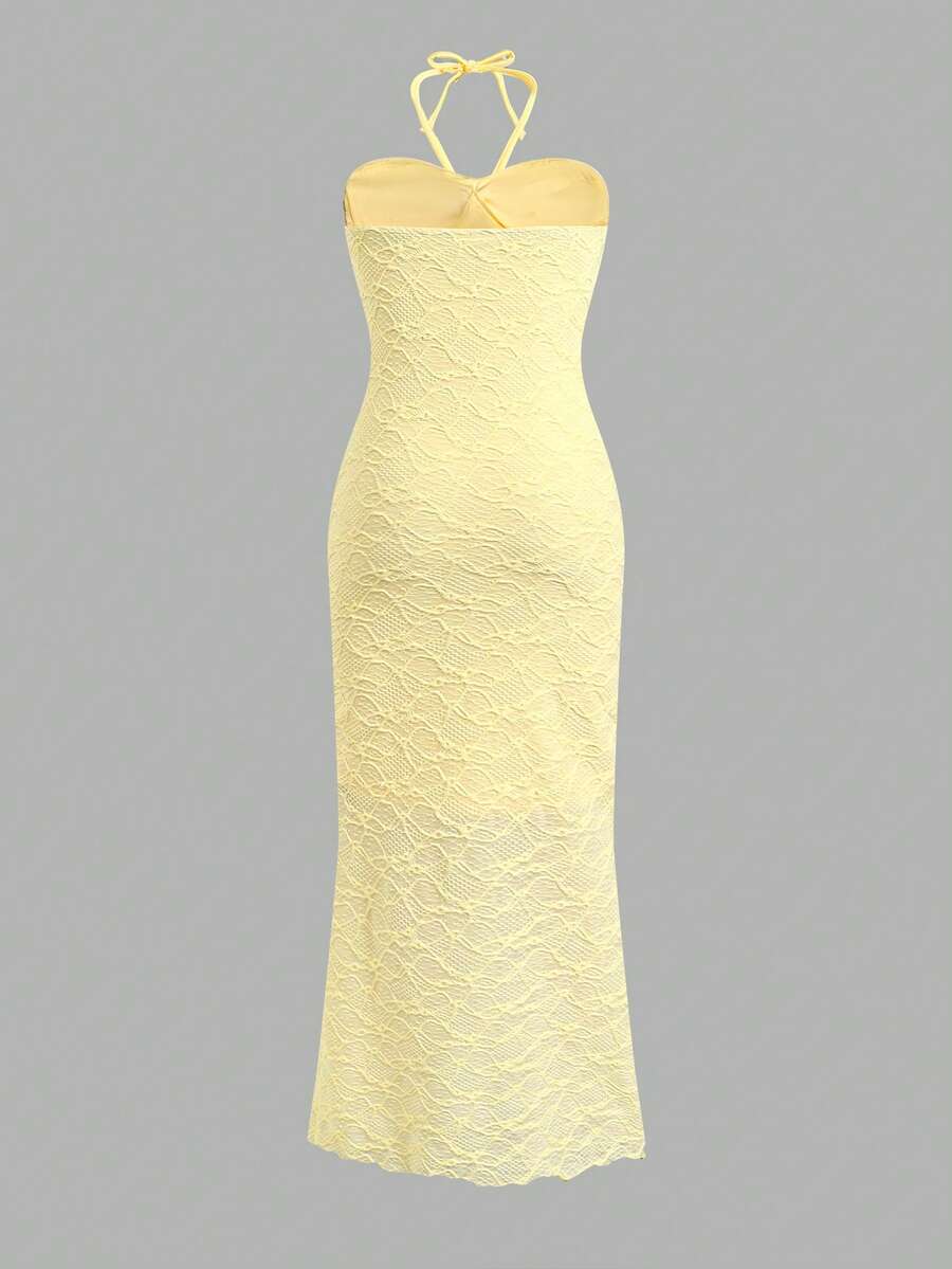Tween girl yellow long halter dress with textured jacquard knit, sleeveless slim fit cami design, natural waist, straight hem, and lined non-sheer finish for vacation or party wear.