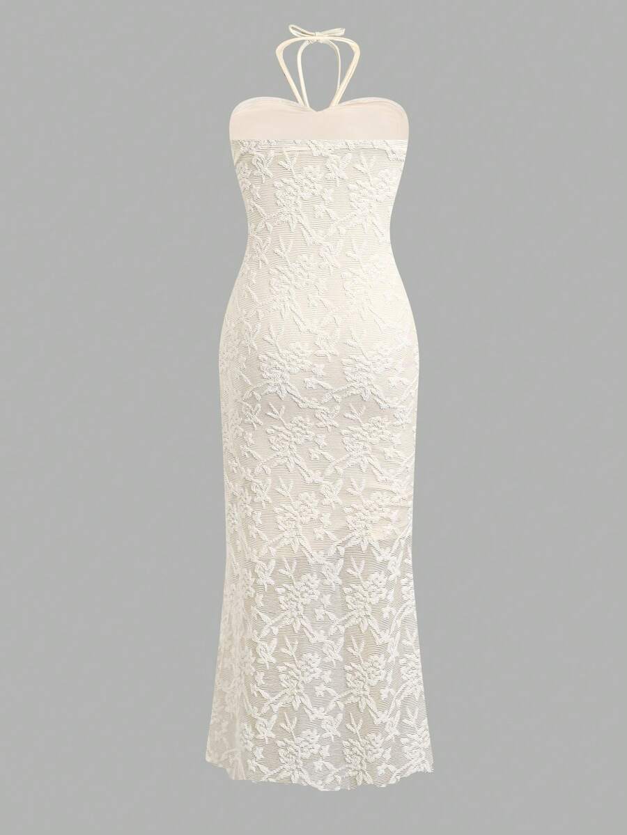 Tween girls multicolor long halter cami dress with lace knit mesh look, tie straps, metal buckle decor, slim fit silhouette, slit hem, and zipper detail for vacation or party wear.