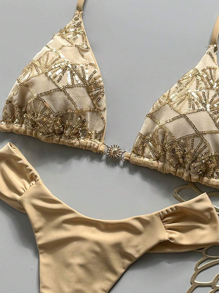 Women's 2-piece triangle cup bikini set in solid color featuring woven pearl shell decoration, halter neckline, and high-waist side-tie ruched bottoms.