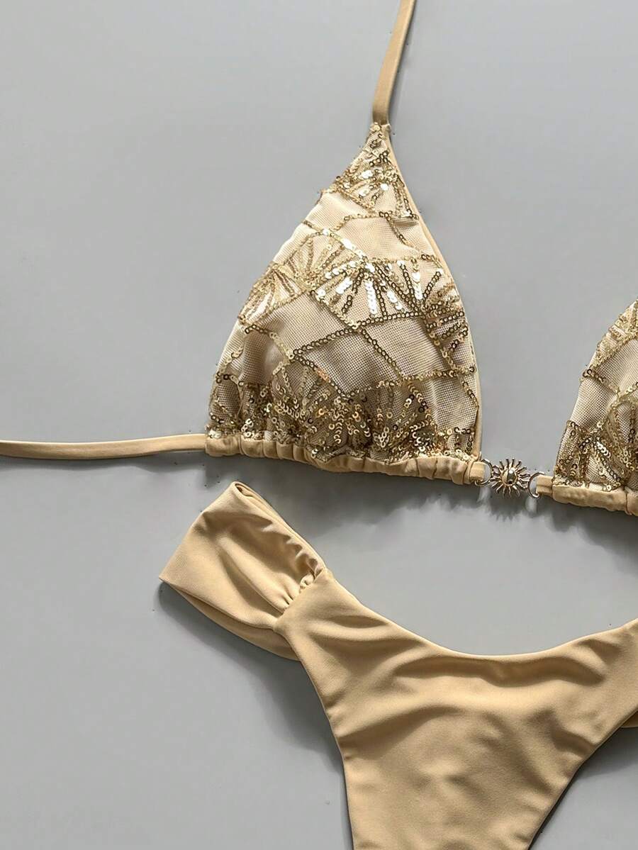 Women's 2-piece triangle cup bikini set in solid color featuring woven pearl shell decoration, halter neckline, and high-waist side-tie ruched bottoms.