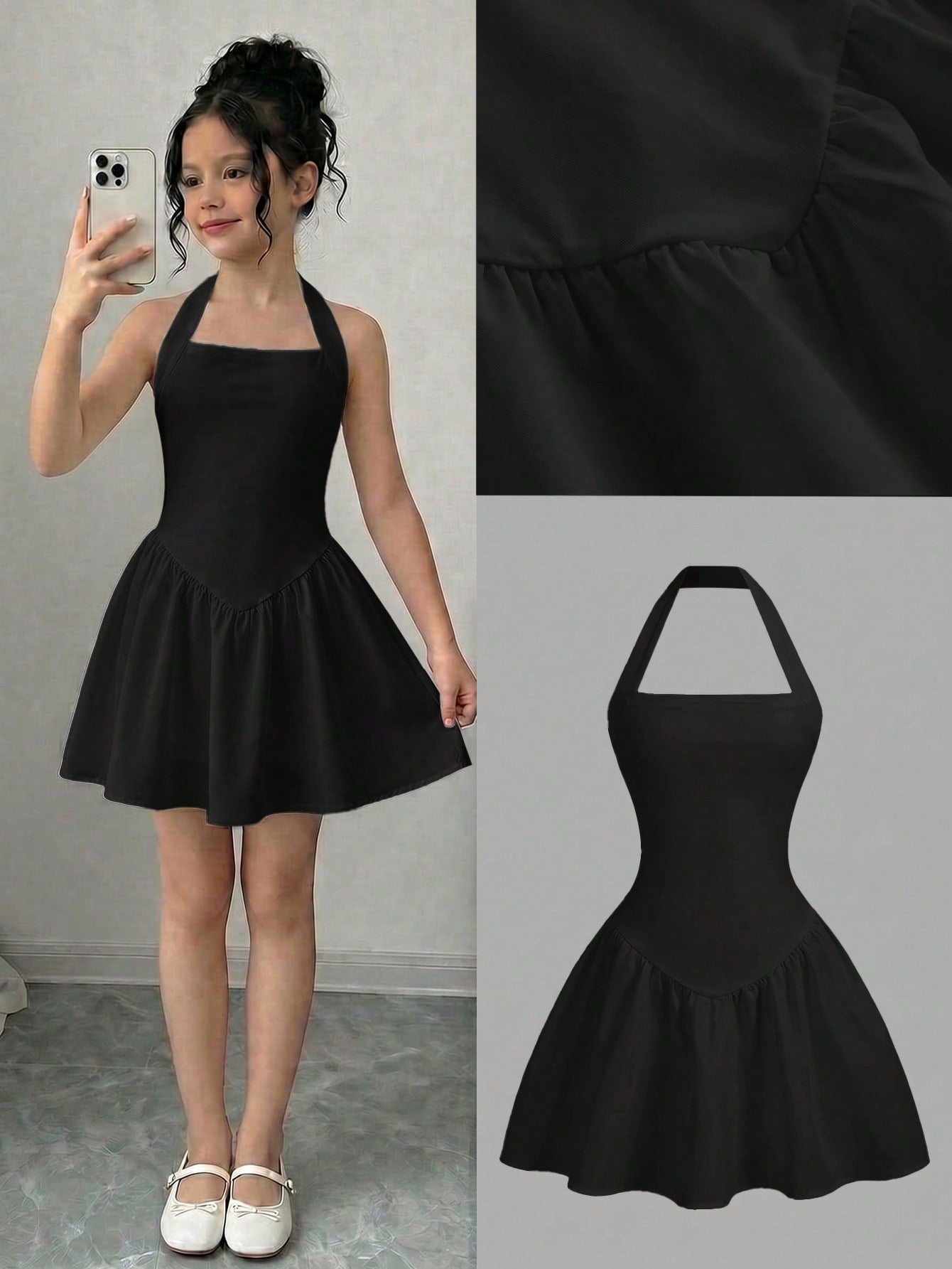 Black sleeveless halter polka dot mini dress for tween girls featuring a high waist and flared hem