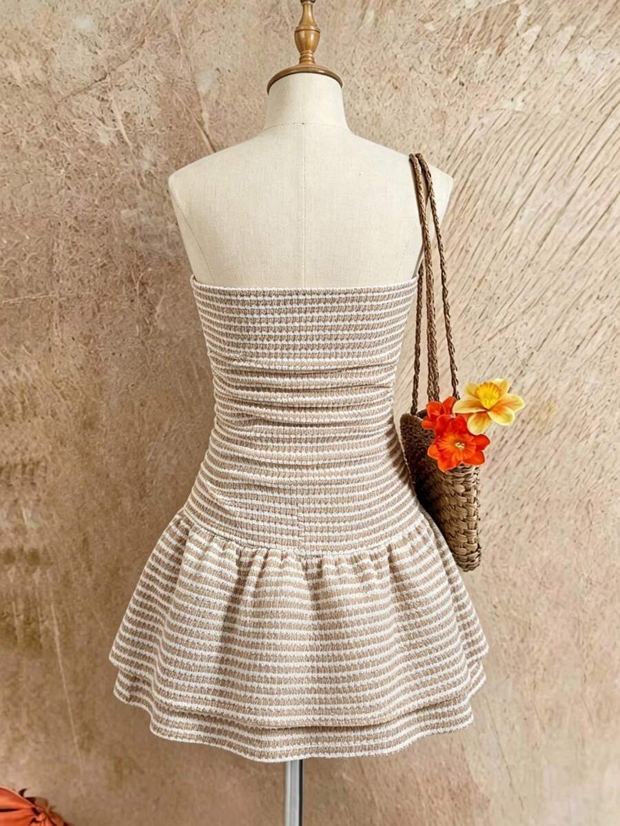 Tween girls apricot sleeveless halter mini dress with textured starfish and shell decor, shirred tiered layer, high waist, and flounce hem.